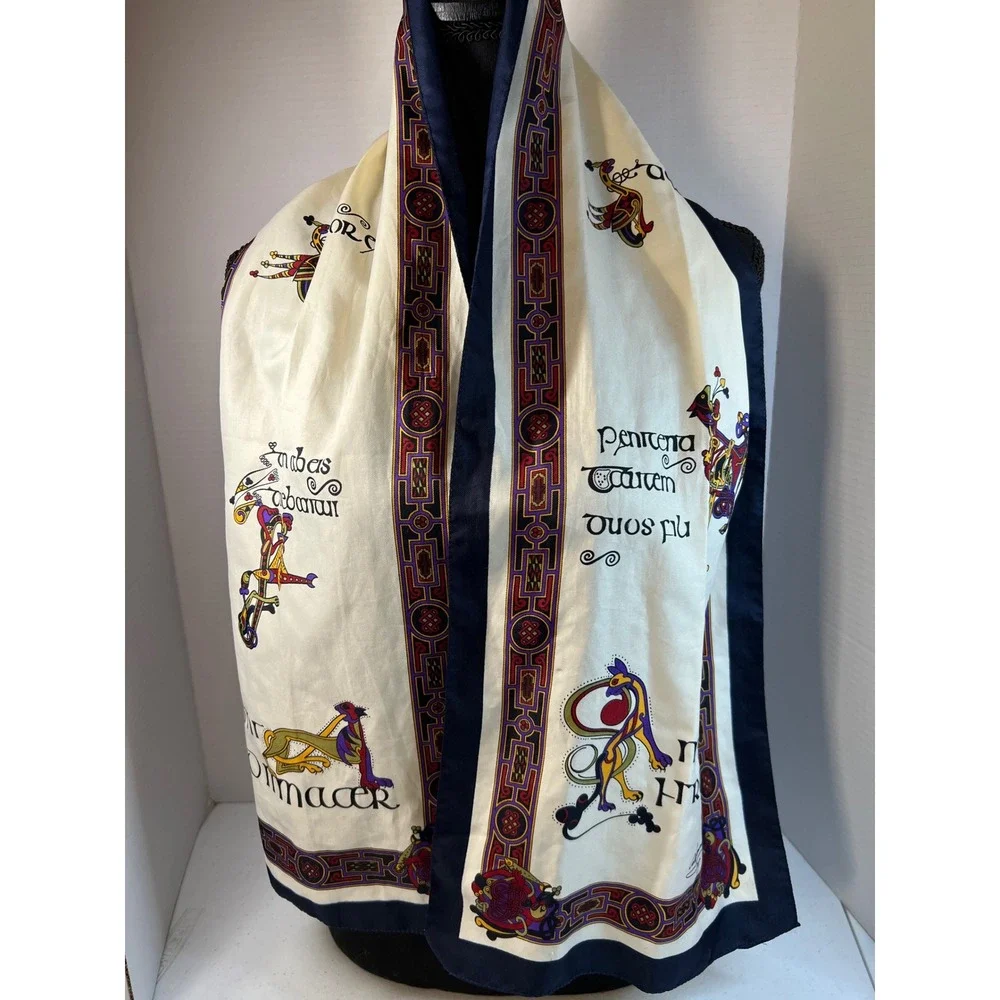 Celtic Renaissance Designs Scarf Medieval Manuscript Art Navy Cream 53x12